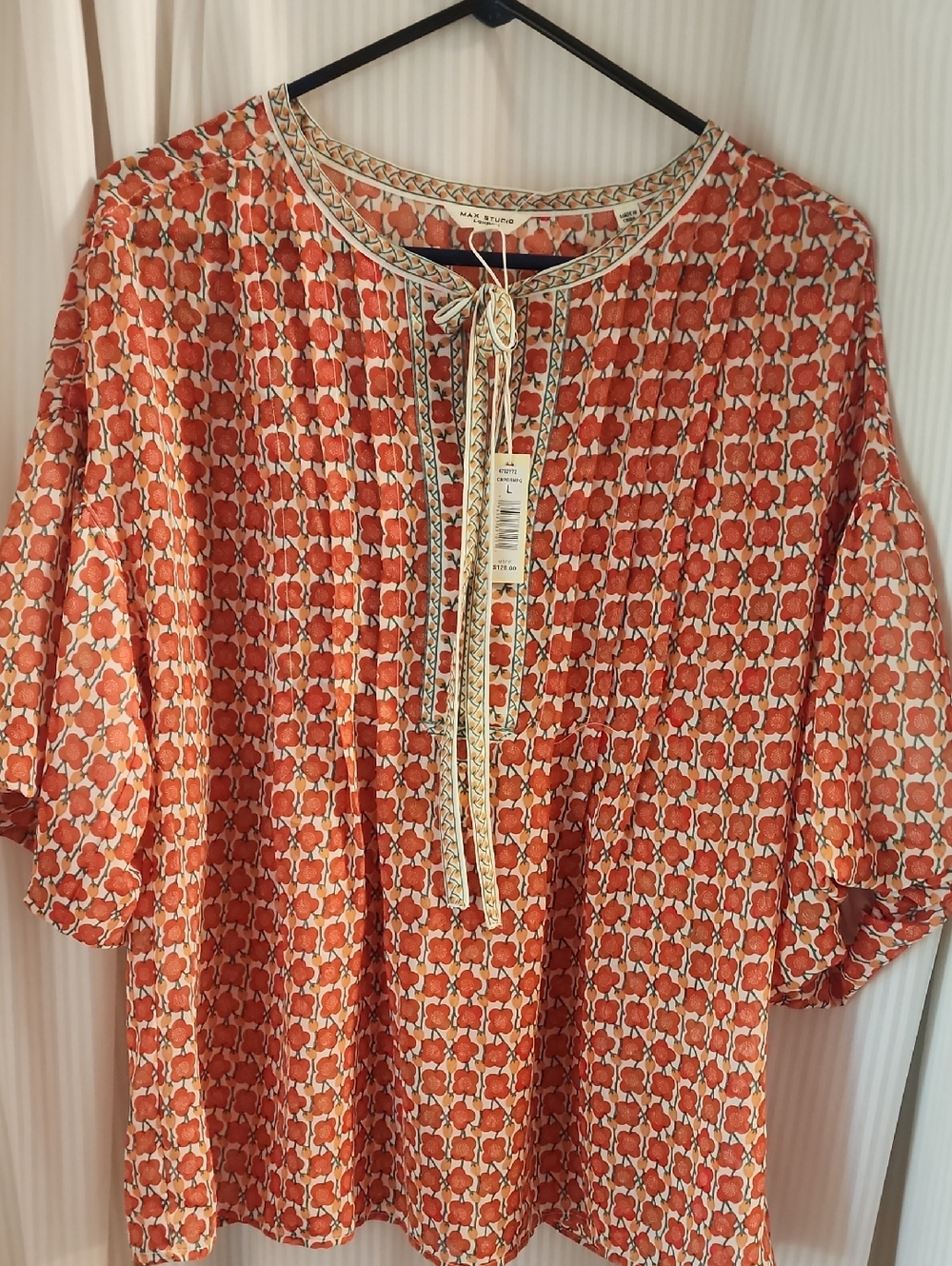Max Studio Orange and Cream Printed Tie-Front Peasant Blouse